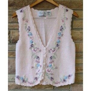 Vintage 80s Lauren Brooke Pink Floral Embroidered Knit Vest Beaded Scalloped L